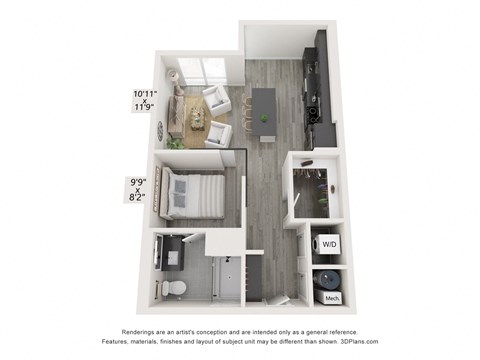 Floor plan for 1 bed, 1 bath, 683 sqft